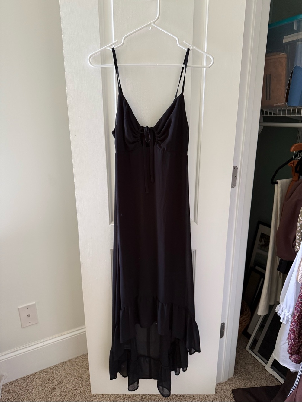 Black Spaghetti-Strap Maxi Dress with Ruffle Hem